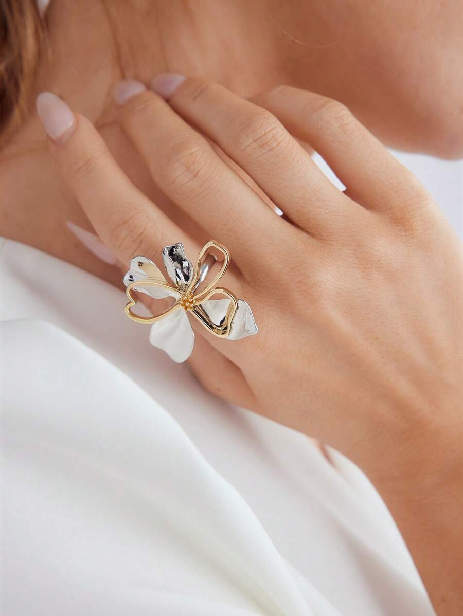 MOTF PREMIUM 双色镀层 3D 镂空花戒指，情人节、妈妈、母亲、母亲节、礼物