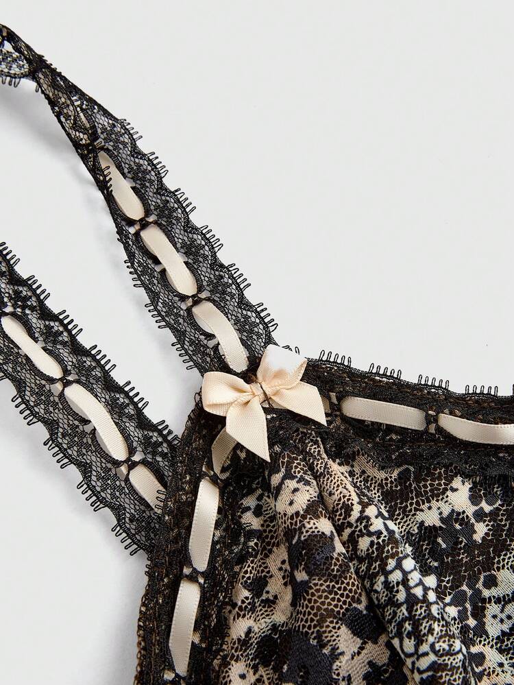 Snake-Print Lace Shoulder Tie Front Cami Top