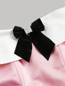 SHEIN MOD 女式拼色 A 字形连衣裙，正面饰有蝴蝶结 - 粉色 - 查看 4