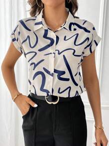 SHEIN Essnce 女性極簡線條圖案短袖襯衫