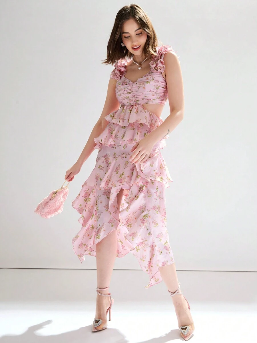 Enchnt Women's Romantic Floral Print Cut Out Ruffle Hem Asymmetrical Flowy Dress, Sundress Summer Dress - Pink - View 1
