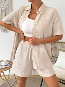 SHEIN Frenchy 女士皺紋布料短袖襯衫和短褲套裝 - 杏色 - 查看 4