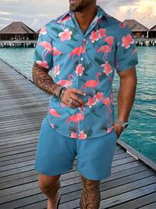 Manfinity RSRT 2入組男式火鳥印花短袖襯衫套裝 - 霧霾藍 - 查看 1