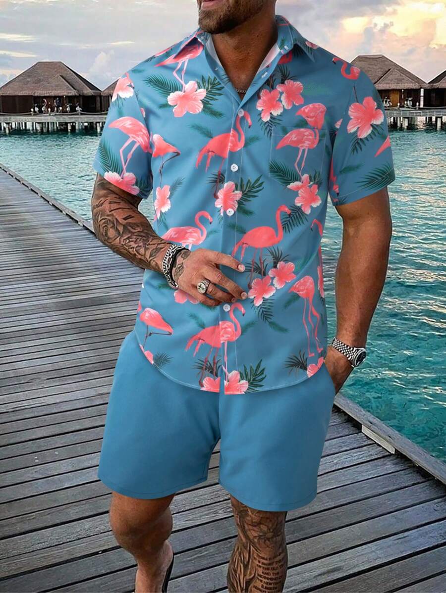 Manfinity RSRT 2入組男式火鳥印花短袖襯衫套裝 - 霧霾藍 - 查看 1