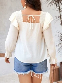 SHEIN Franclia Kích thước lớn Của phụ nữ Nếp uốn Ruffle Cạnh Trang trí Áo sơ mi - Màu be - Xem 2