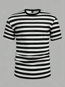 EGENSIO Men Striped Round Neck Urban Short Sleeve T-Shirt, Boyfriend Gift - Black and White - View 3