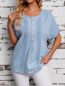 SHEIN LUNE Button-Down Half-Placket Round Neck Casual Denim Top - Blue - View 3