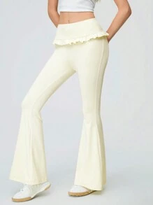 SHEIN Qutie Balletcore Elastic Waist Ruffle Flared Pants With Trumpet Hem - Pink - View 6