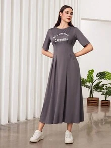 Seusyu 女款口號印花束腰針織裙 - 灰色 - 查看 5