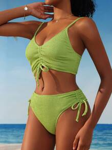 SHEIN Swim Women's Drawstring Bikini Set, String Bikini Set Swimwear Bathing Suit Beach Outfit Summer Vacation,Summer Beach - Olive Green - View 3