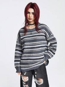 ROMWE Academia Geo Pattern Drop Shoulder Sweater - Multicolor - View 6