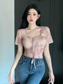 DAZY 女士百褶短袖t恤上衣 - 粉色 - 查看 3