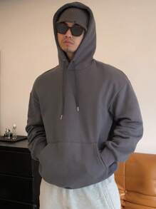 DAZY Men Kangaroo Pocket Drop Shoulder Drawstring Hoodie Without Tee - Dark Grey - View 1