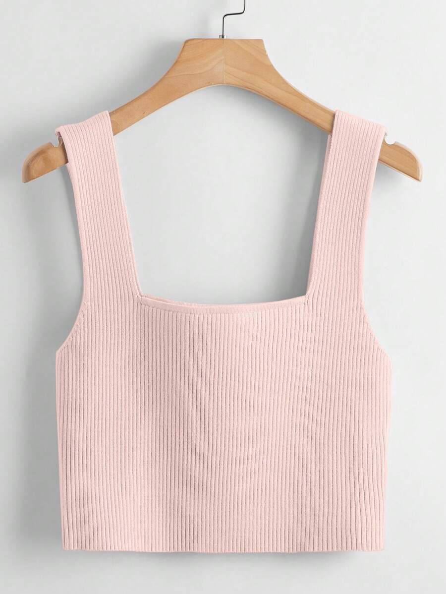 Franclia Square Neck Ribbed Knit Top - Pink - View 1