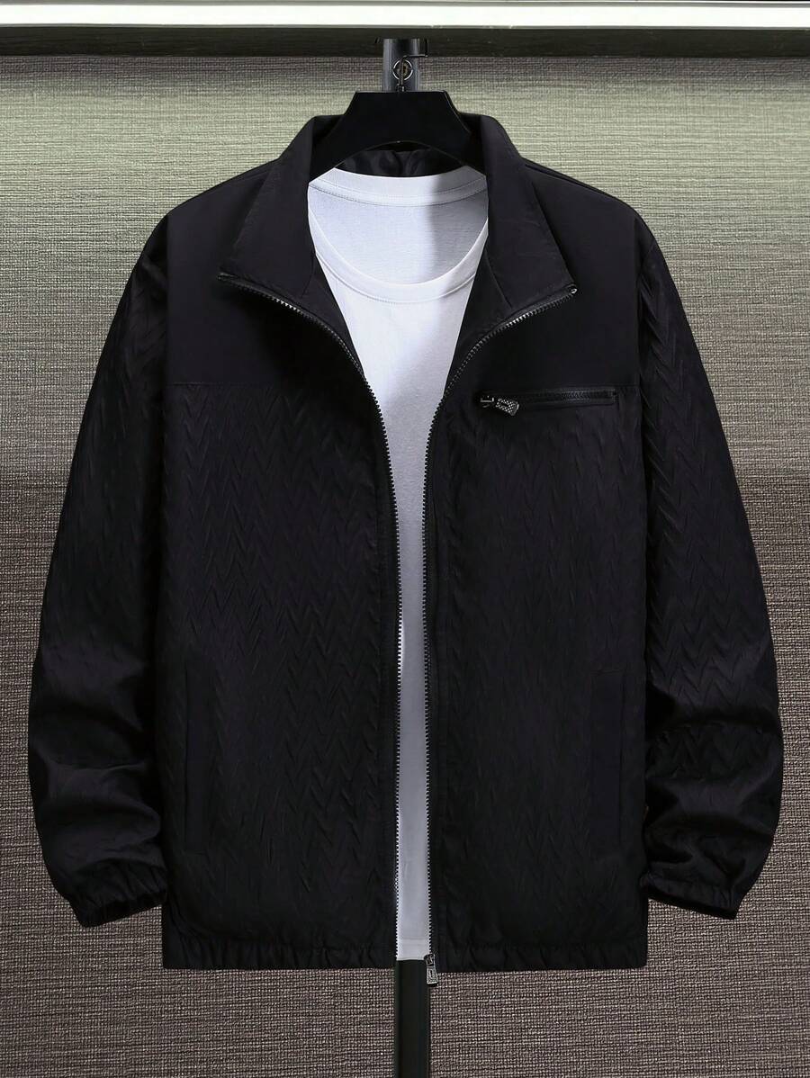 Manfinity Homme Chaqueta De Hombre Con Cremallera De Color Sólido - Negro - Ver 1