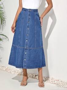 SHEIN LUNE Women's Solid Color Button Front Denim Skirt - Medium Wash - View 4