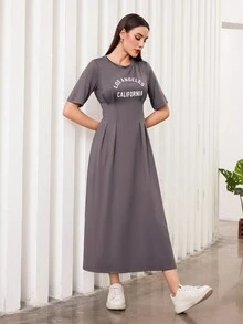 Seusyu 女款口號印花束腰針織裙 - 灰色 - 查看 3