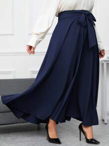 SHEIN Clasi Plus Size Solid Color Tie Belt Umbrella Skirt - Navy Blue - View 6