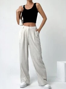 SHEIN EZwear Pantalones De Mujer Rectos De Diseño De Bolsillo De Un Solo Color