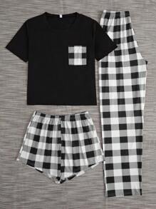 SHEIN 女士格紋睡衣套裝,附拼接口袋上衣和褲子 - 黑與白 - 查看 7