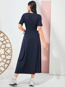 Seusyu Women's Solid Color Simple Style Waist-Cinched Dress - Navy Blue - View 2