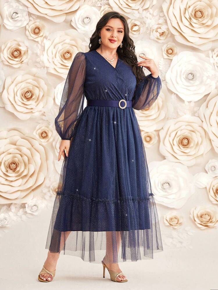 Plus Size V-Neck Mesh Contrast Dress,Elegant Evening Party Dress Long Evening Dresses