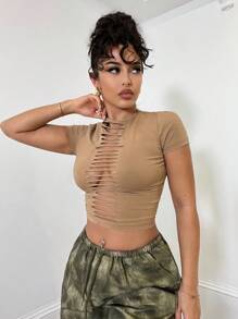 SHEIN BAE Solid Color Distressed Hollow Out Tight Khaki Top, Spring/Summer Clothing, Music Festival/Carnival/Daily/Streetwear Outfits