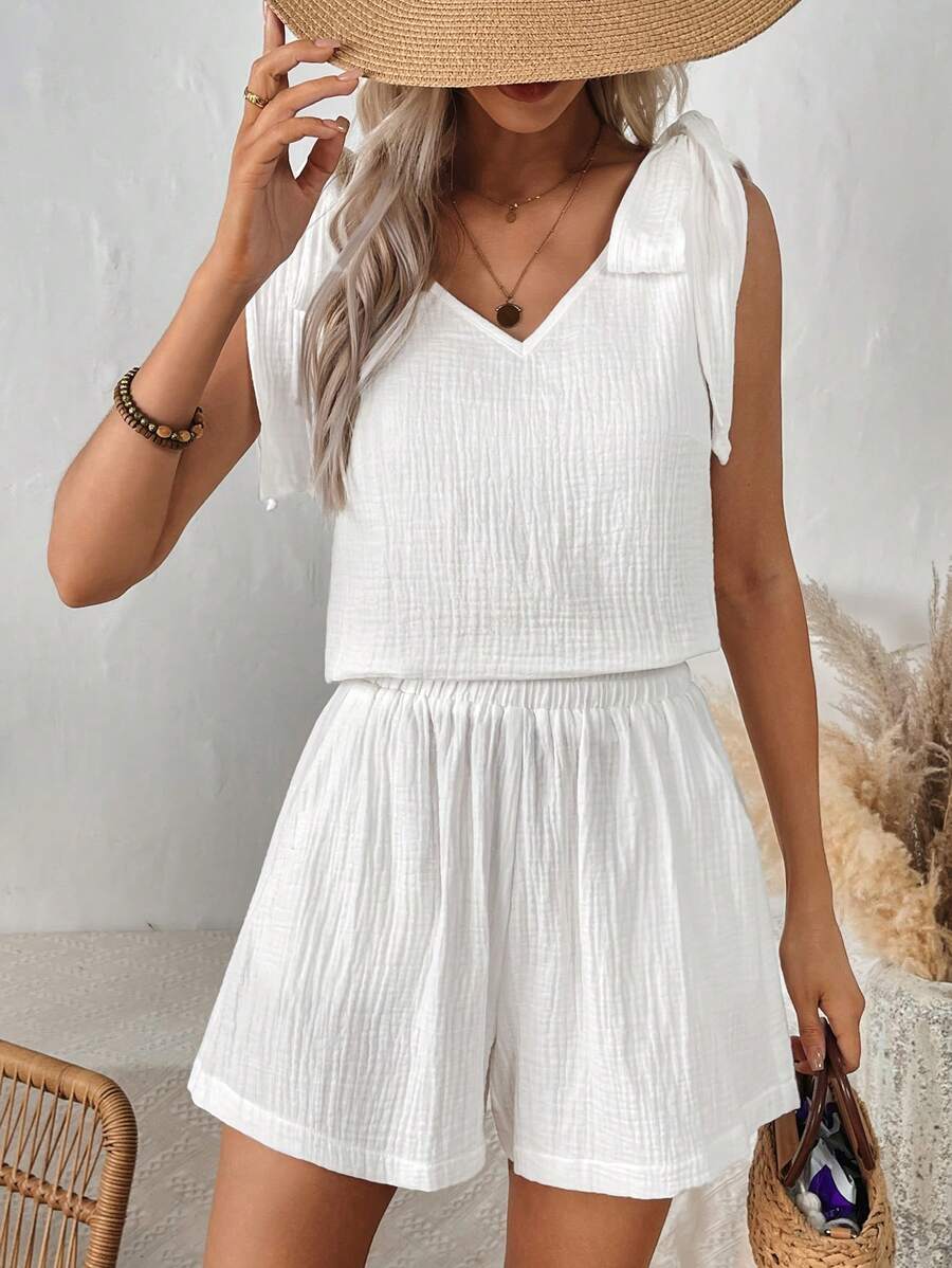 SHEIN LUNE 實色紋理背心和短褲2件套裝 - 白色 - 查看 1