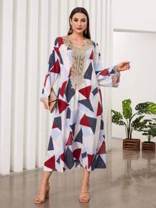 Al Najma V領飄袖土耳其長袍,阿拉伯傳統長袍 - 藍色 - 查看 1