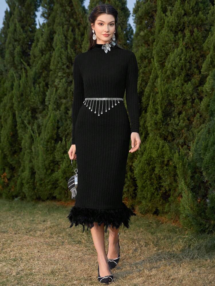 Women's Slim Fit Feather Patchwork Stand Collar Bodycon Dress