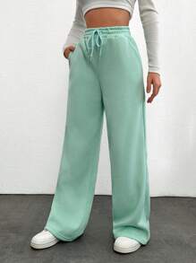 SHEIN Cottnline Women's Drawstring Waist Solid Color Wide Leg Pants - Cadet Blue - View 5