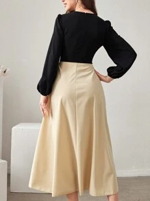 Mulvari 女士纯色甜心领灯笼袖连衣裙长款女装