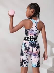 SHEIN Tween Girls' Tie Dye & Patchwork Letter Jacquard Tape Racerback Tank Top & Shorts Set For Sports - Multicolor - View 2
