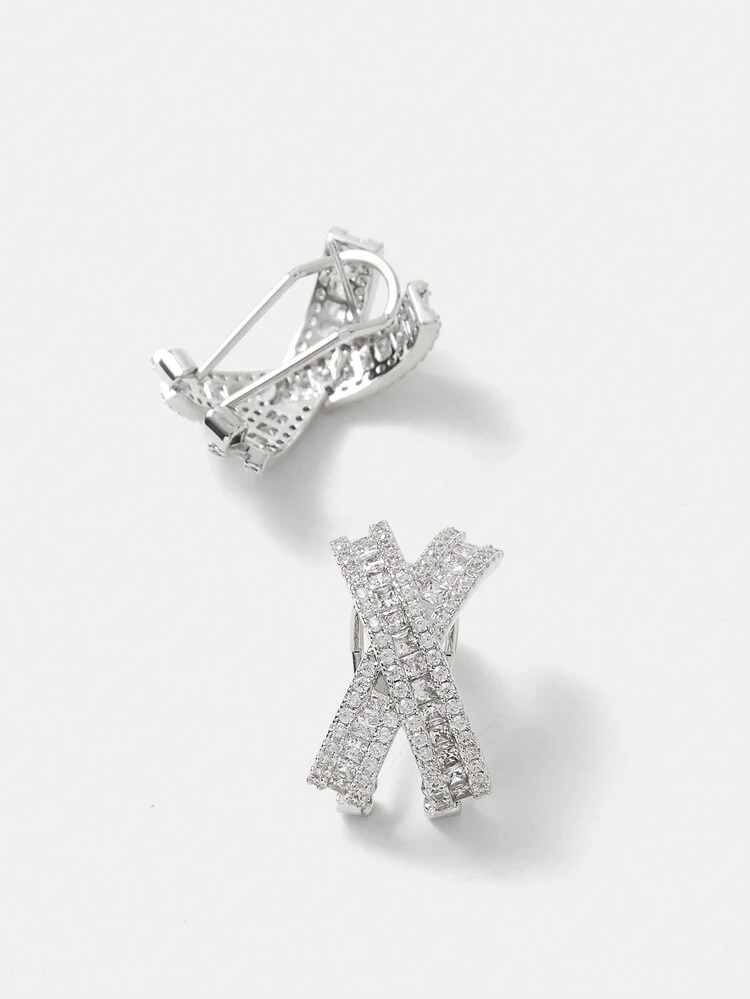 1PAIR COPPER & SILVER COLORED FULL RHINESTONE X-SHAPED STUD EARRINGS