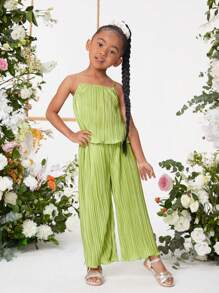 SHEIN 年輕女孩城市時尚春夏季純色針織背心寬褲套裝 - 青檸色 - 查看 3