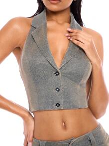 SHEIN BAE Men's Silver Holographic Silk Polished Metallic Texture Suit Style Collared Waistcoat, Short Style - Silver - View 1