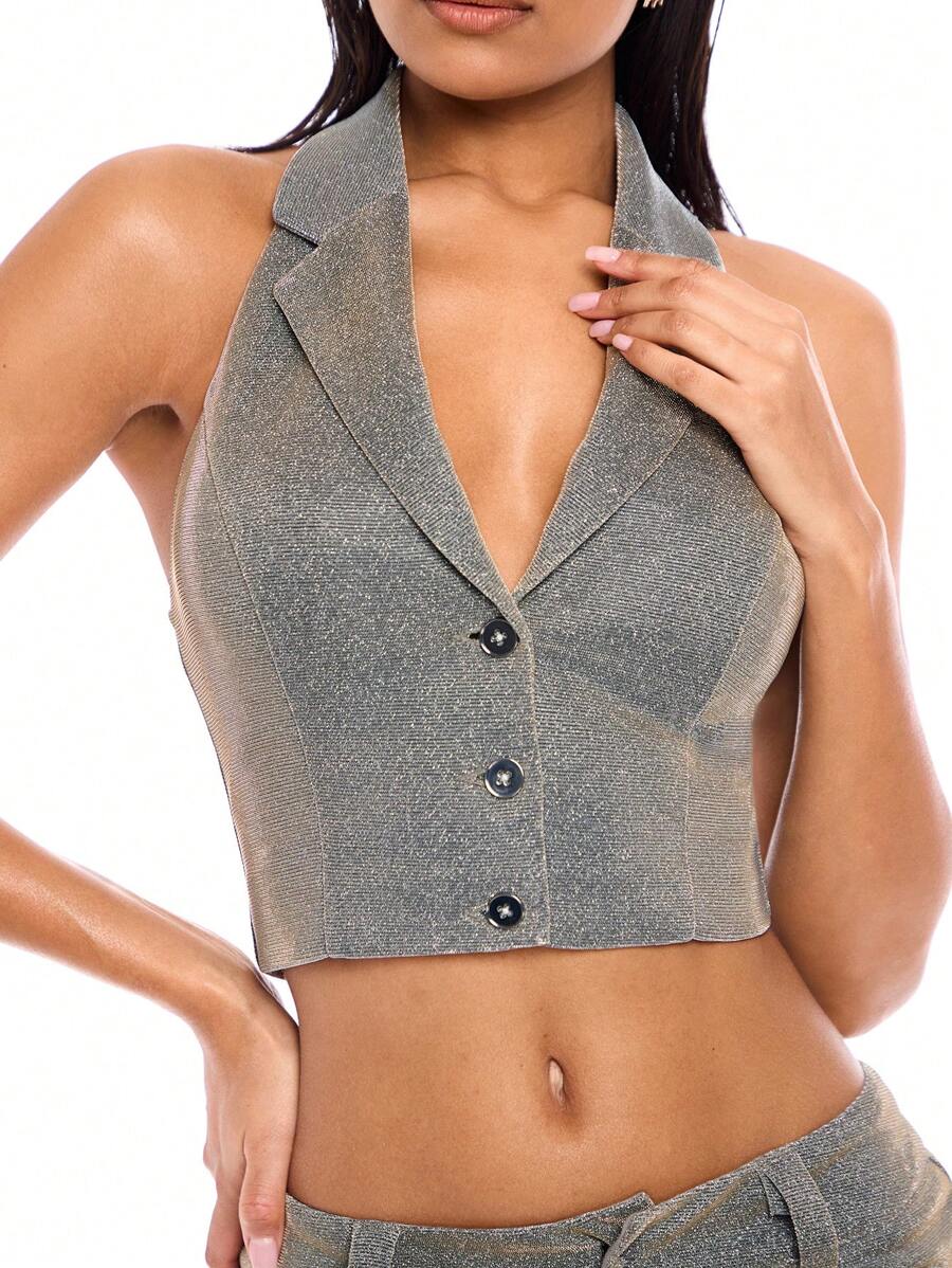 SHEIN BAE Men's Silver Holographic Silk Polished Metallic Texture Suit Style Collared Waistcoat, Short Style - Silver - View 1