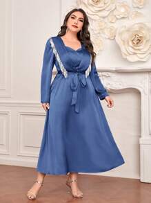 Modelyn Plus Size Color Block Sequin Tassel Decorated Long Sleeve Belted Dress - Blue - View 1