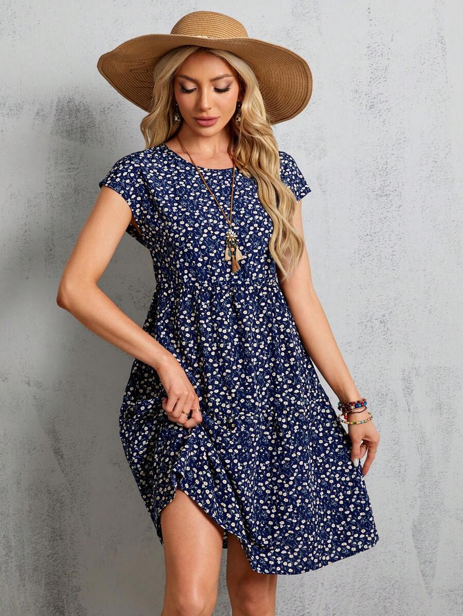 EMERY ROSE Vestido midi azul de manga corta y manga murciélago con estampado floral para mujer, vestidos de verano para mujeres