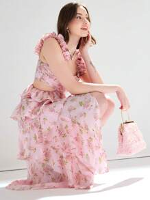 Enchnt Women's Romantic Floral Print Cut Out Ruffle Hem Asymmetrical Flowy Dress, Sundress Summer Dress - Pink - View 4