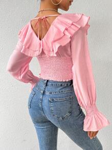 Chiquease 女款純色荷葉邊領抽褶襯衫