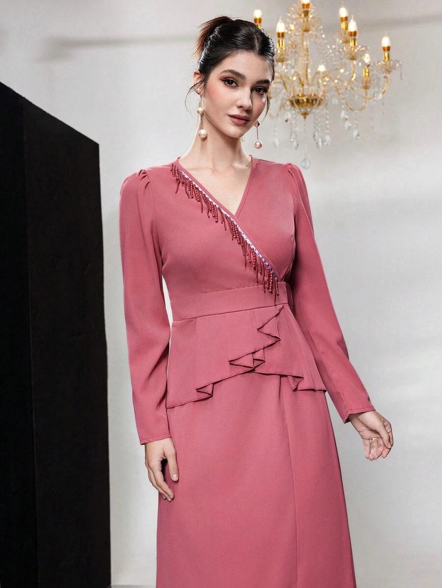 Modelyn Women's Patchwork Ruffled Hem Puff Long-Sleeved Top And Skirt Two-Piece Set 2 Piece Set Fall Cloth For Women - Pink - View 1