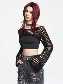 ROMWE Grunge Punk Pulover croșetat de vară cu mânecă trompetă scobită, școală, topuri cu mânecă lungă