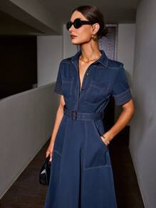 Women's Spring/Summer Denim Effect Collared Colorblock Button Front Pocket Belt Casual Short Sleeve Dress, Retro Style - Blue - View 6