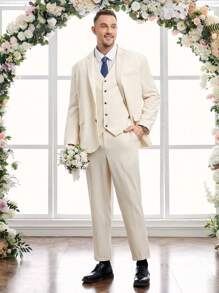 Manfinity NXTstreet 男裝大尺碼3入組編織休閒西裝,包括1件翻領長袖西裝外套、1件單排釦背心和1件斜口袋正裝長褲 - 卡其色 - 查看 1