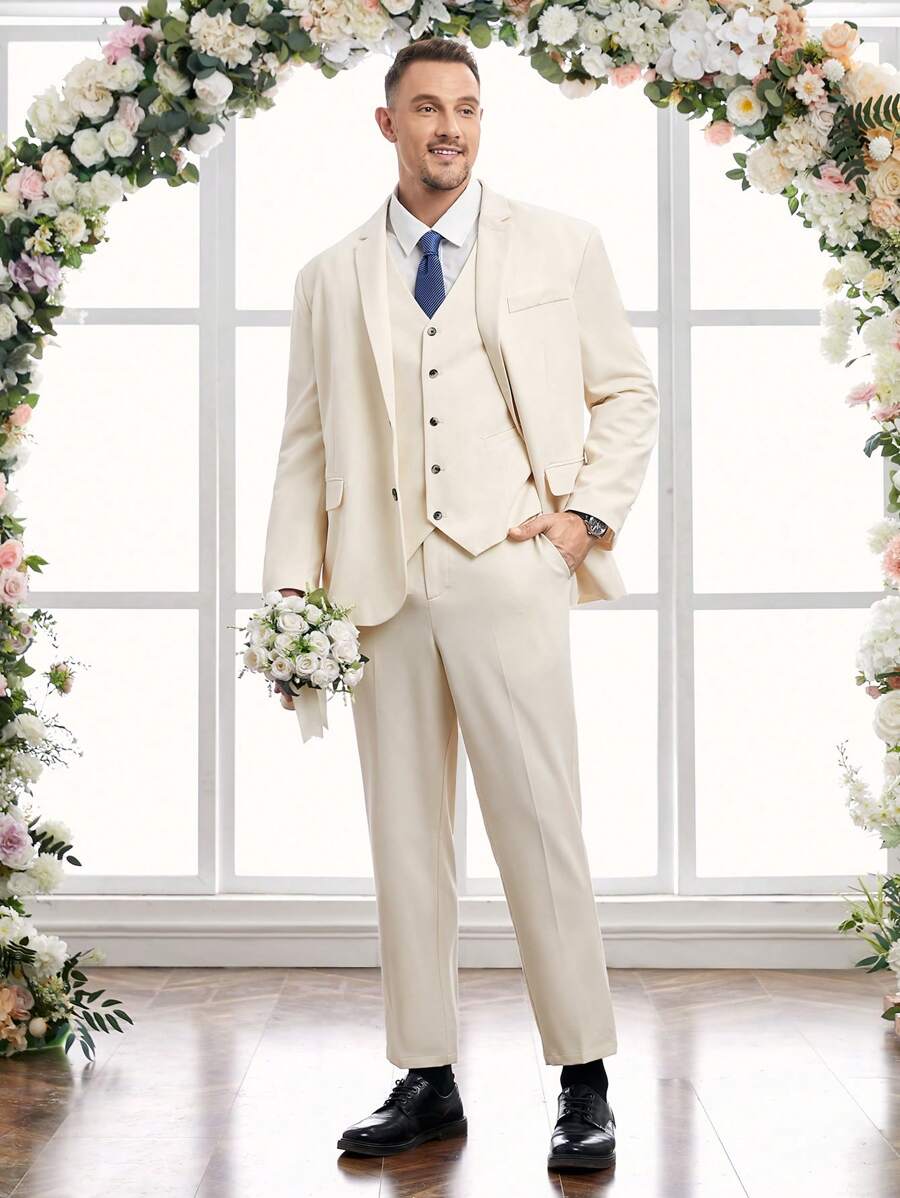 Manfinity NXTstreet 男裝大尺碼3入組編織休閒西裝,包括1件翻領長袖西裝外套、1件單排釦背心和1件斜口袋正裝長褲 - 卡其色 - 查看 1