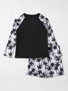 Tween Boys' Tropical Printed High Neck Two-Piece Rash Guard Swimsuit Set - Black - View 5