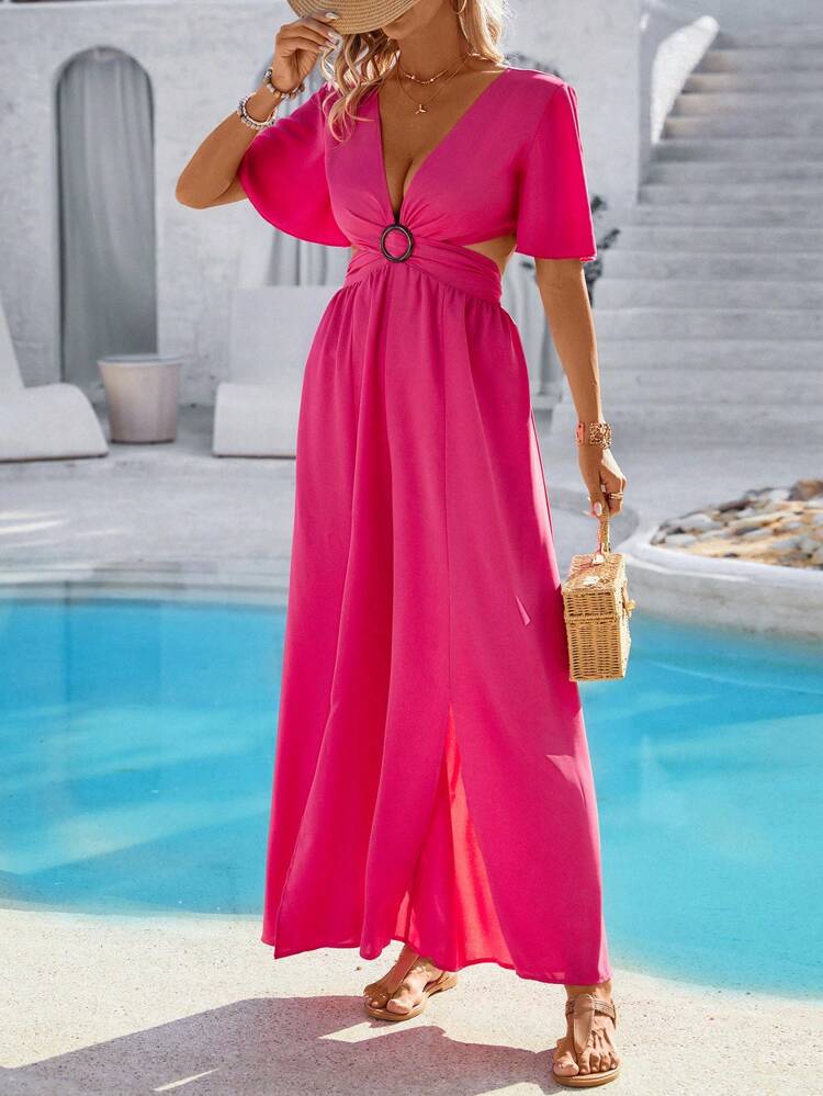 Women's Deep V-Neck Backless Tie Waist High Slit Wide Leg Jumpsuit