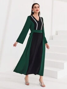 Al Najma Color Block Weaving Belt Patchwork Flare Sleeve Dress