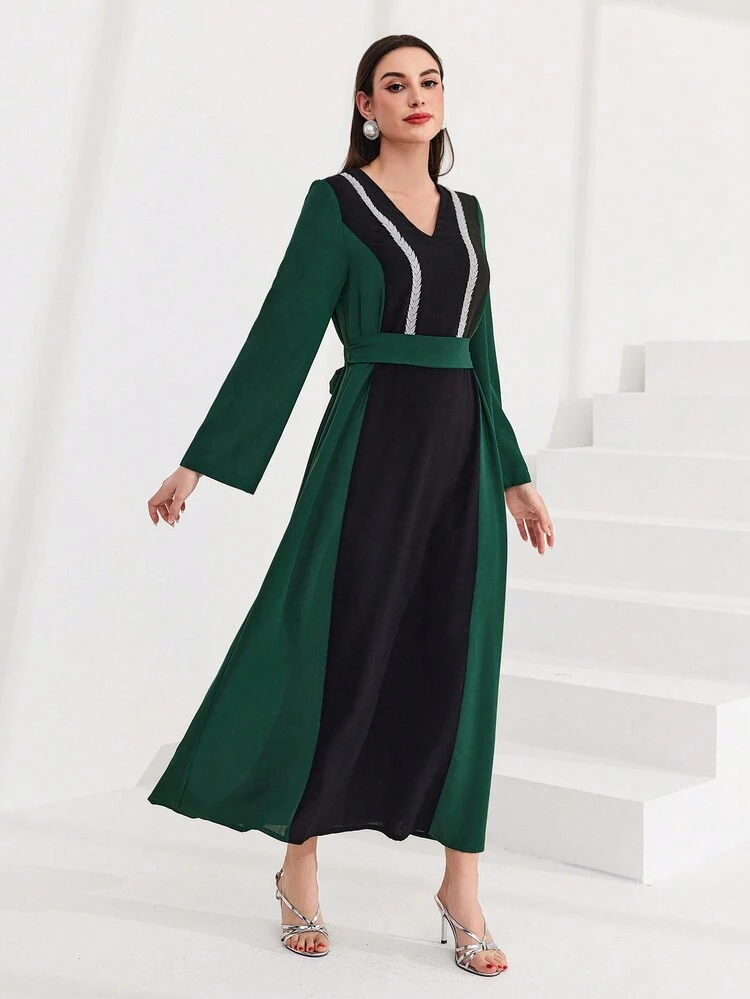 Color Block Weaving Belt Patchwork Flare Sleeve Dress